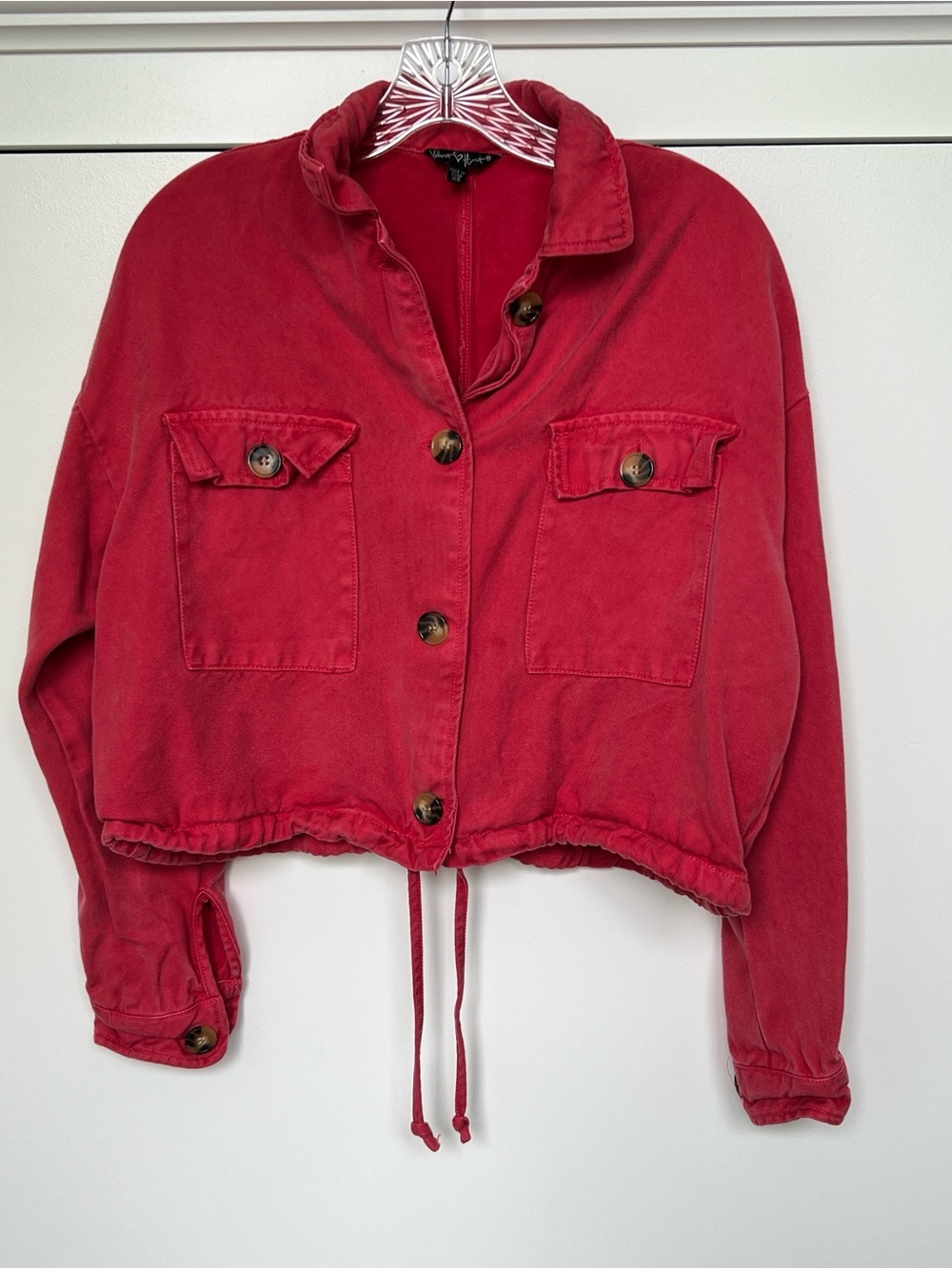 Velvet Heart Red Cropped Button-Front Jacket with Drawstring